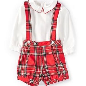 Edgehill Collection Peter Pan Collar Shirt & Tartan Plaid Suspender Short Set